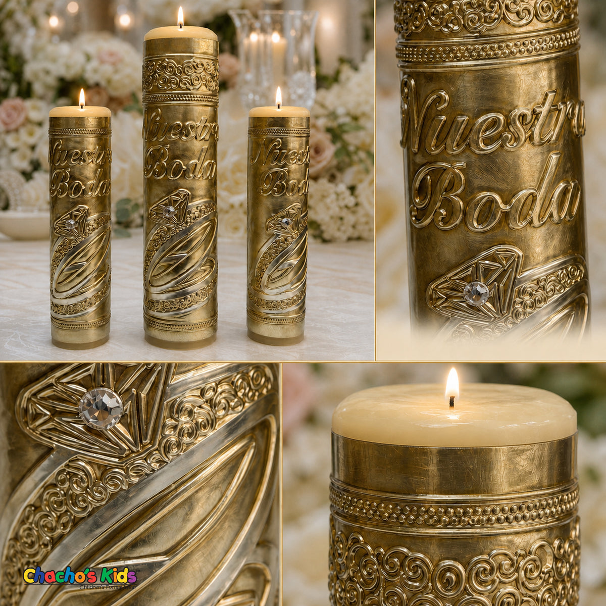 Detail collage of gold embossed metal Nuestra Boda wedding unity candle set with rings and crystal accents