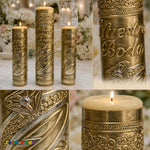 Detail collage of gold embossed metal Nuestra Boda wedding unity candle set with rings and crystal accents