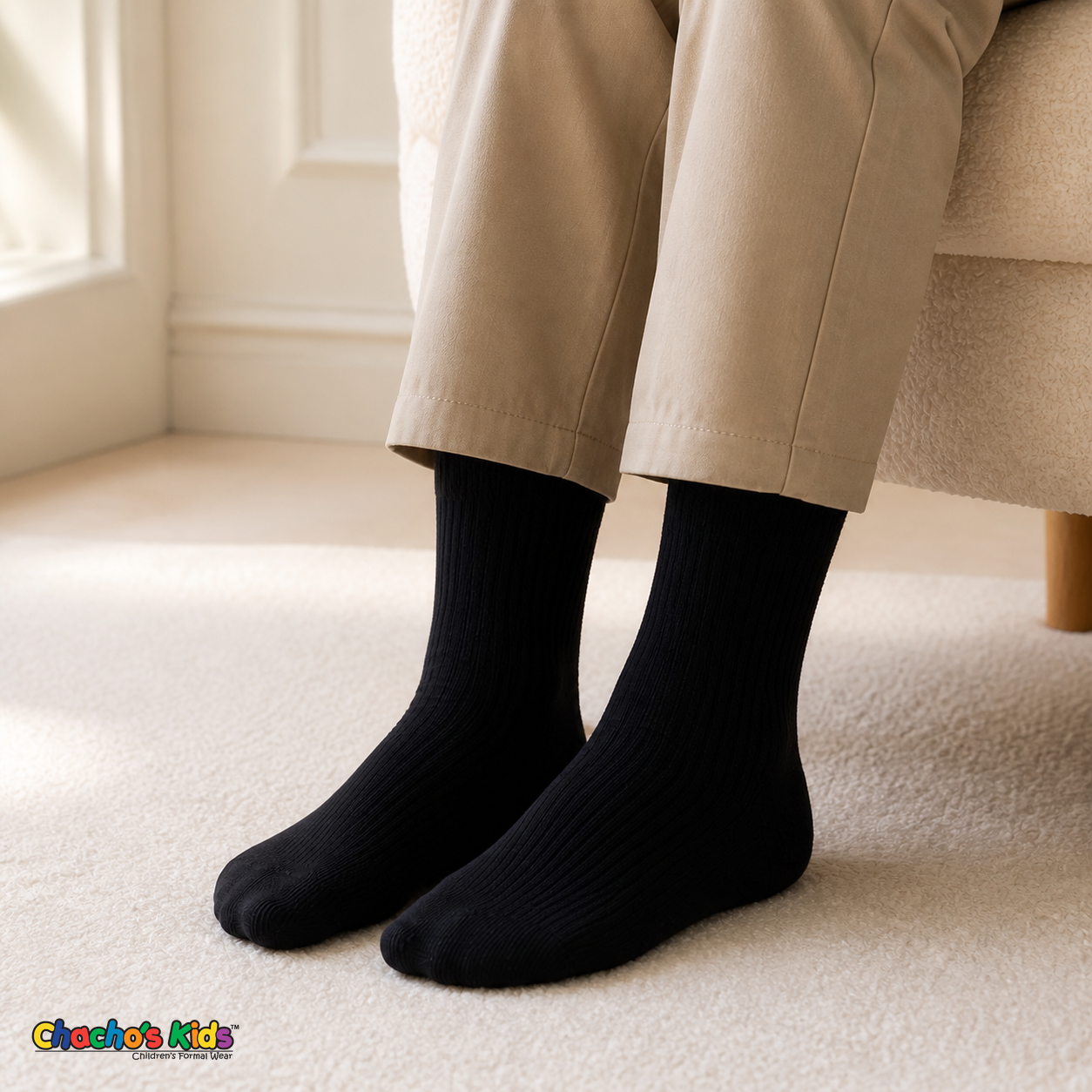 Black Gibsy baby and toddler boys rib-knit dress socks worn with tailored pants