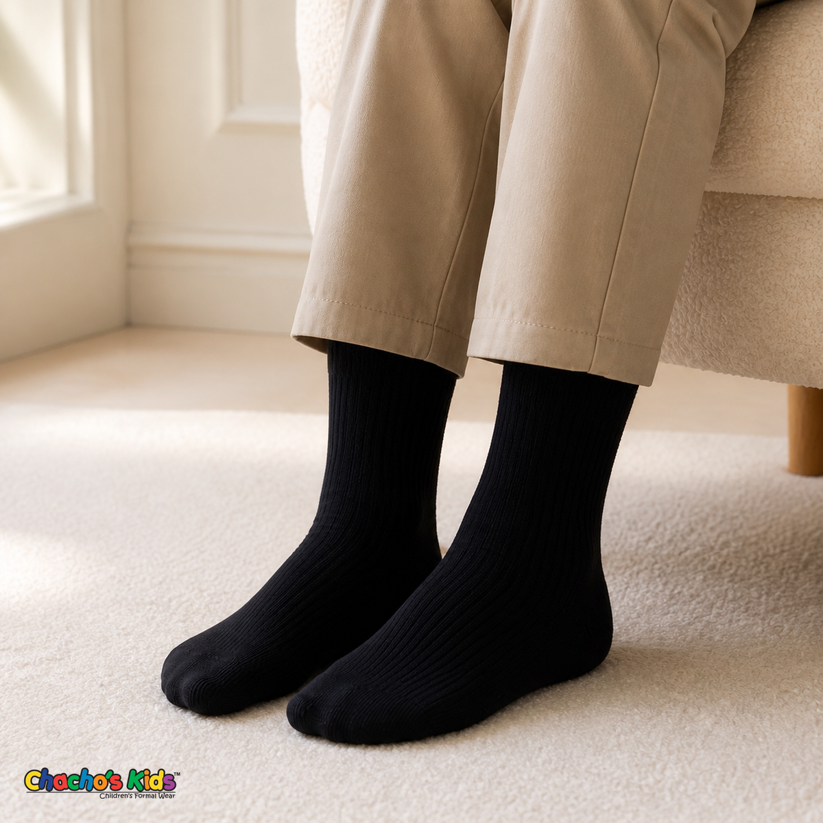 Black Gibsy baby and toddler boys rib-knit dress socks worn with tailored pants