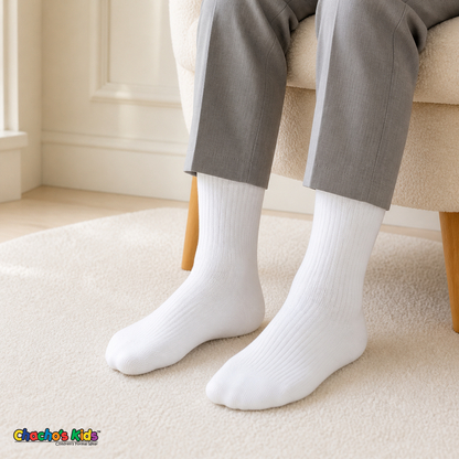 White Gibsy baby and toddler boys rib-knit dress socks worn with tailored pants