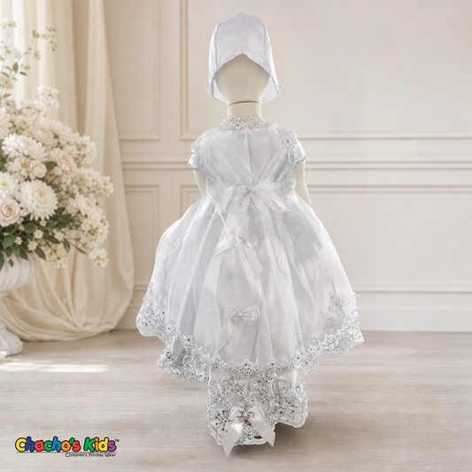 Girls white three-piece baptism dress with silver embroidery, back view