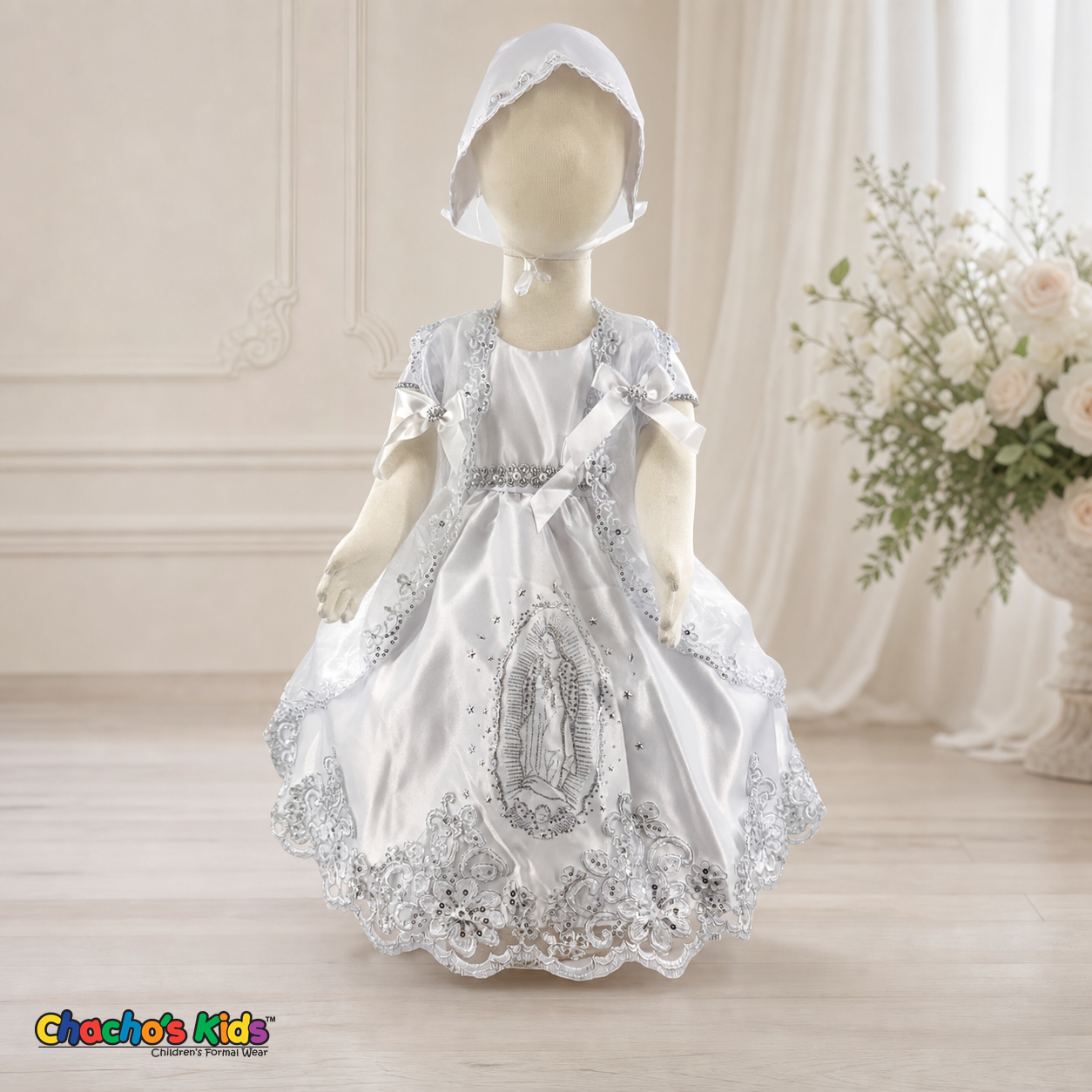 Girls white three-piece baptism dress with silver embroidery, front view
