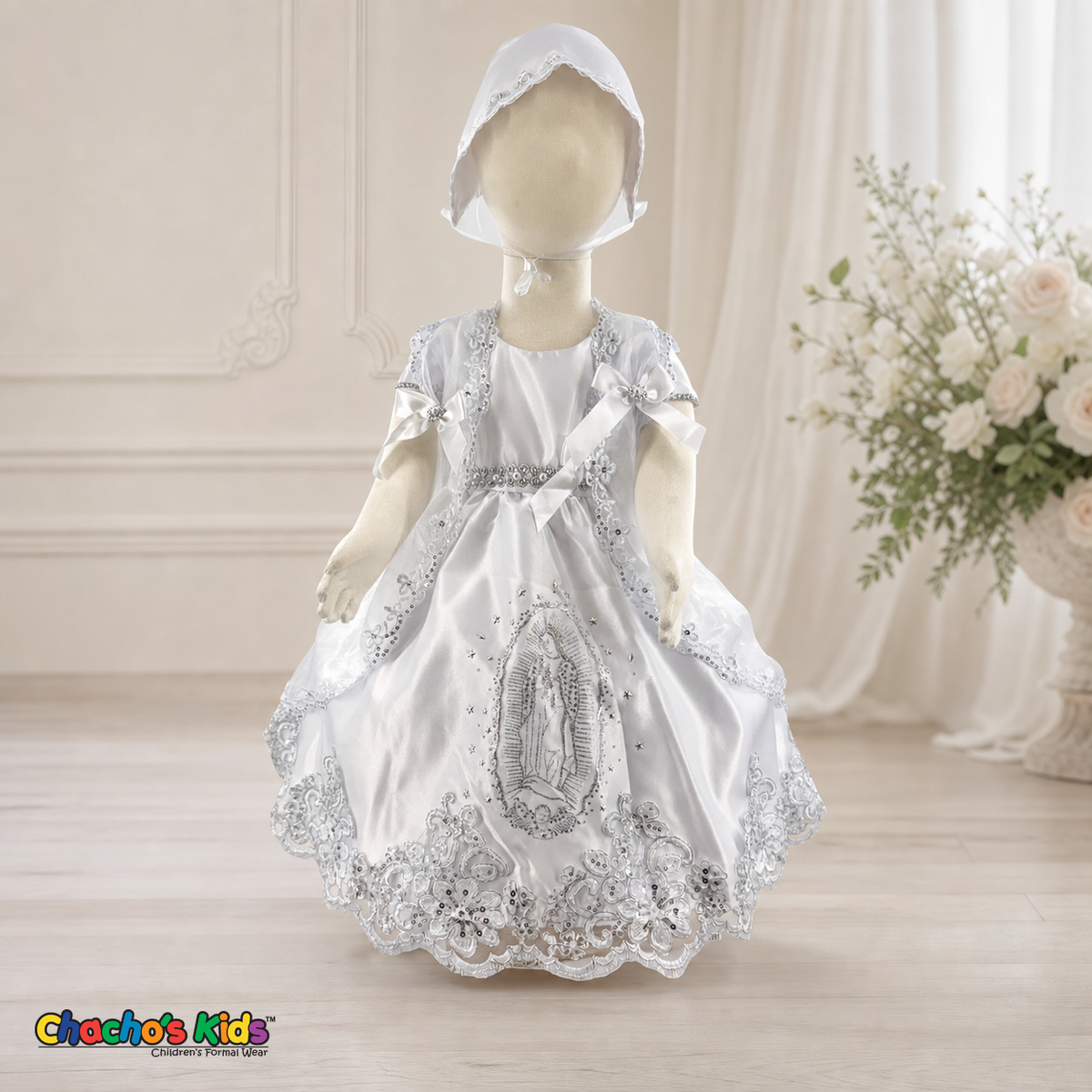 Girls white three-piece baptism dress with silver embroidery, front view