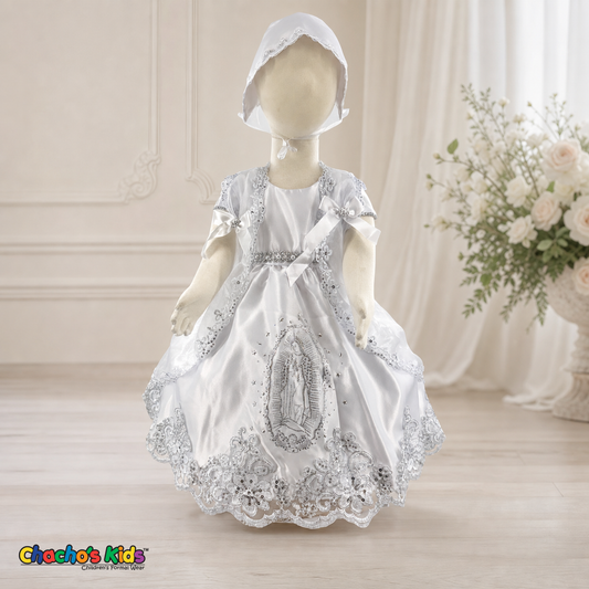 Girls white three-piece baptism dress with silver embroidery, front view