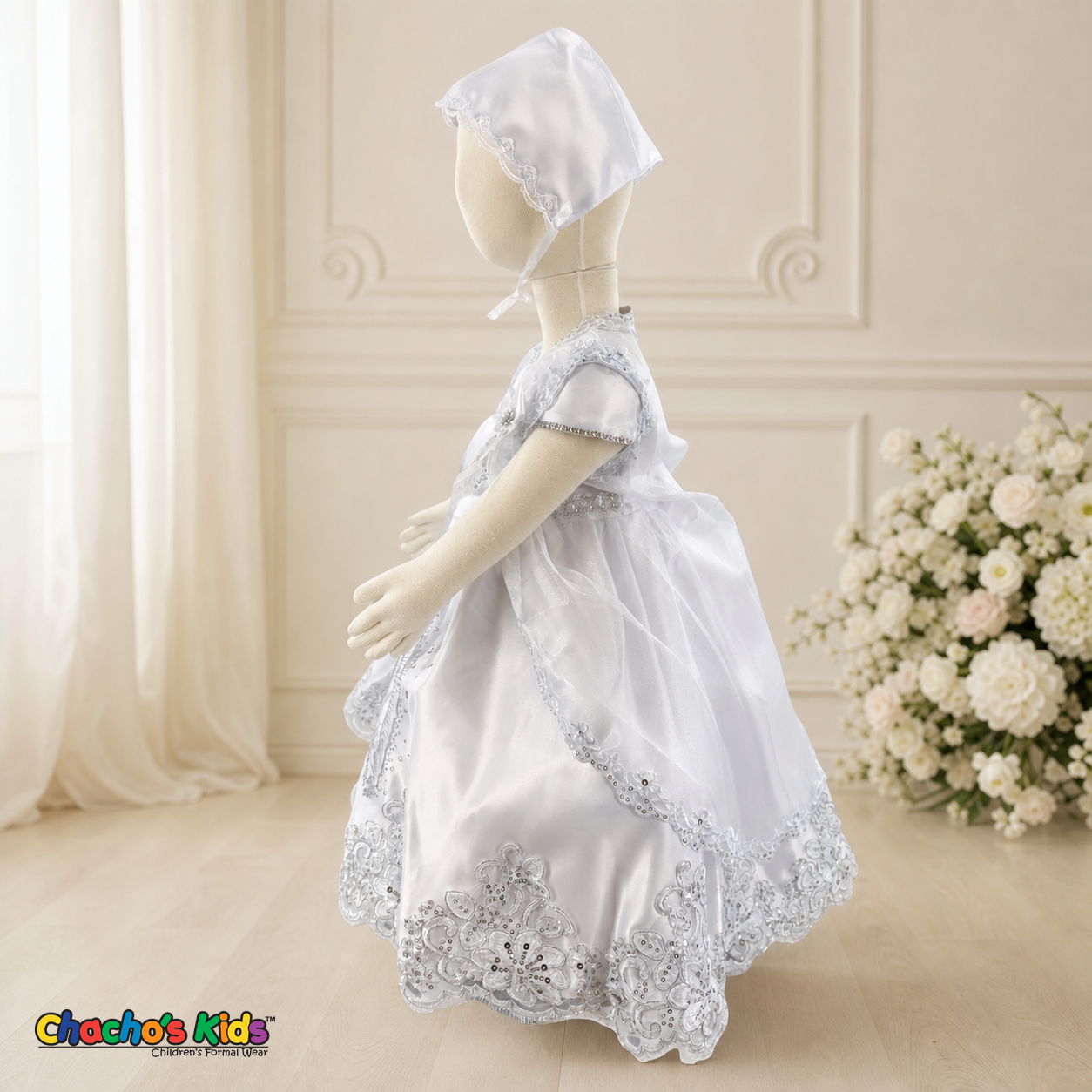 Girls white three-piece baptism dress with silver embroidery, side view