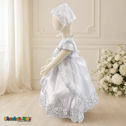 Girls white three-piece baptism dress with silver embroidery, side view