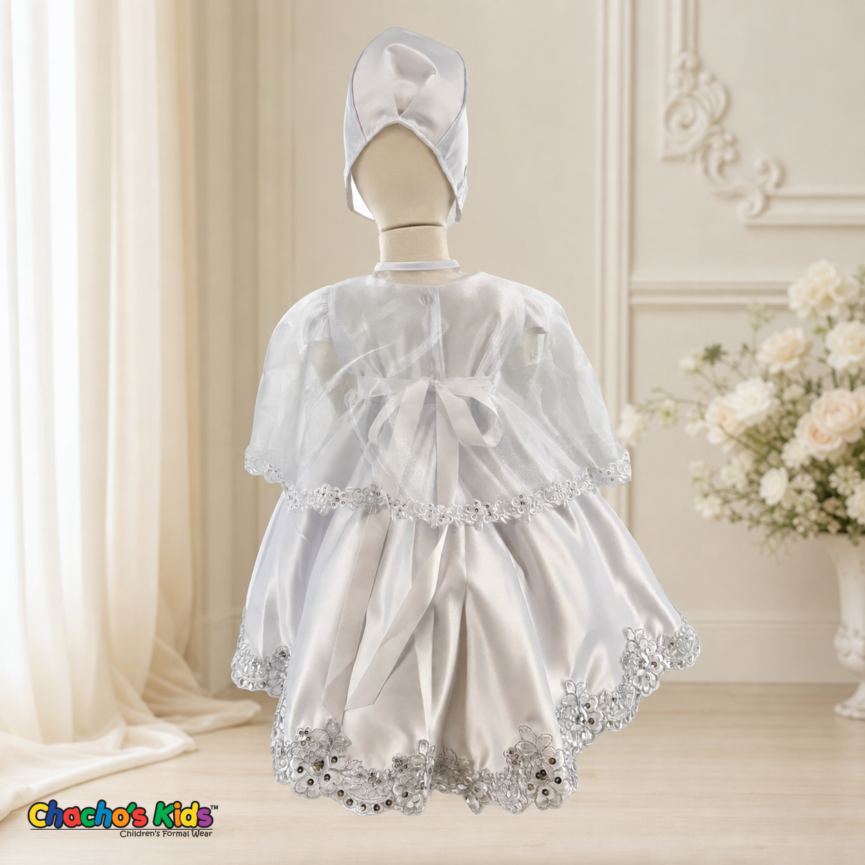 Girls white three-piece baptism dress with embroidered cape, back view