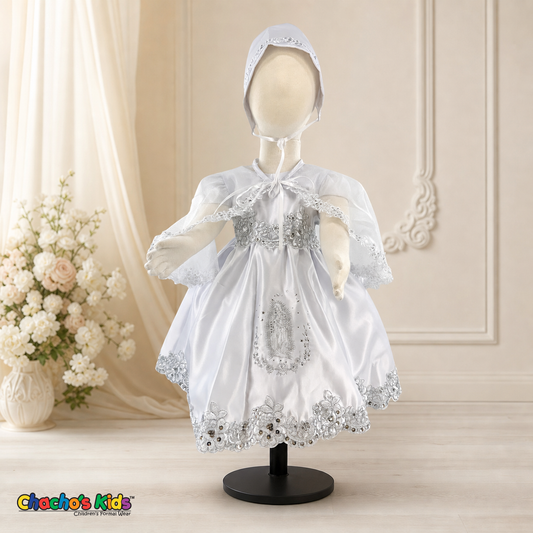 Girls white three-piece baptism dress with embroidered cape, front view