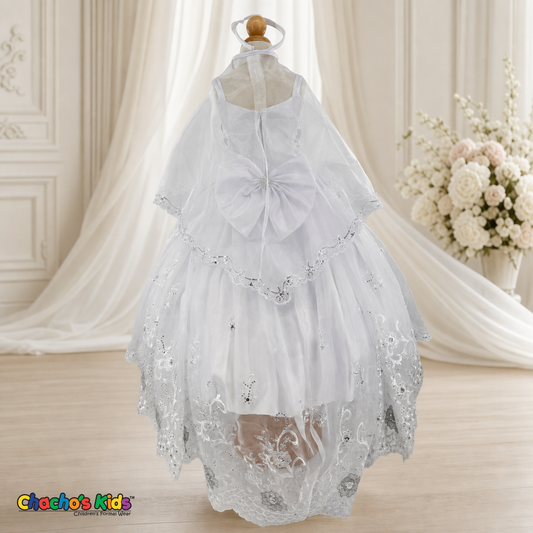 Girls white Virgin Mary baptism dress with embroidered lace cape, back view