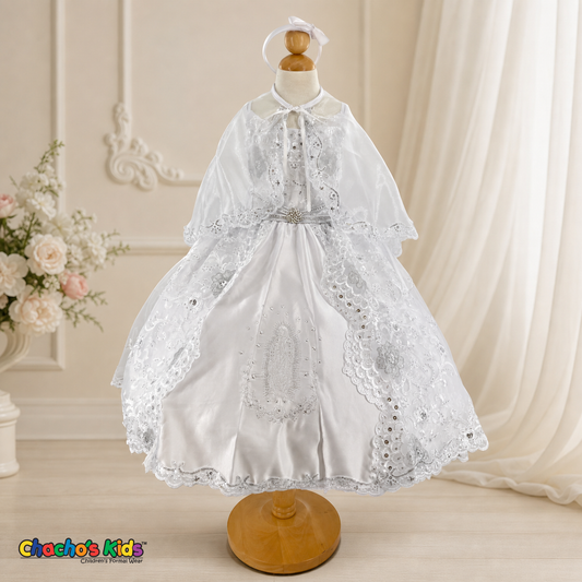 Girls white Virgin Mary baptism dress with embroidered lace cape, front view