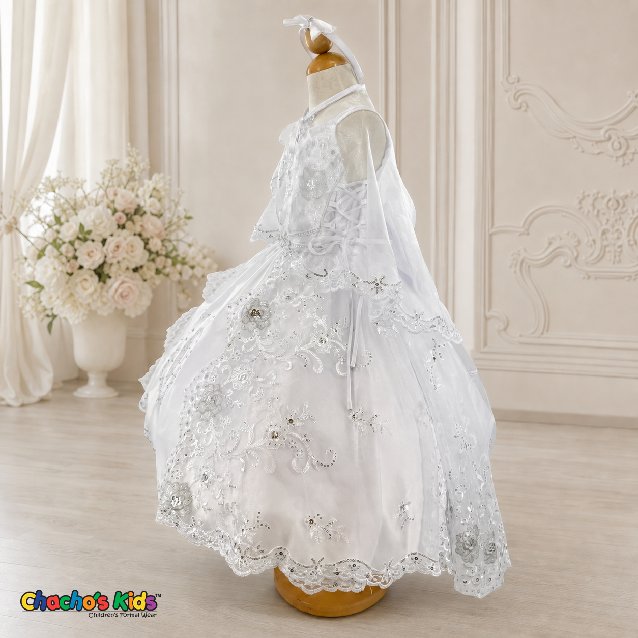Girls white Virgin Mary baptism dress with embroidered lace cape, side view