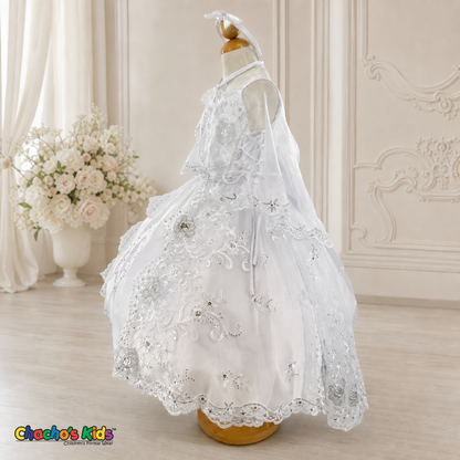 Girls white Virgin Mary baptism dress with embroidered lace cape, side view