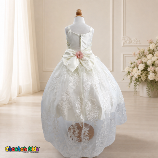 Girls white lace baptism dress with floral sash, back view