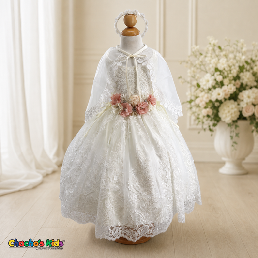 Girls white lace baptism dress with floral sash, front view