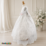 Girls white lace baptism dress with floral sash, side view
