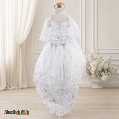 Girls white embroidered baptism dress with matching cape, back view