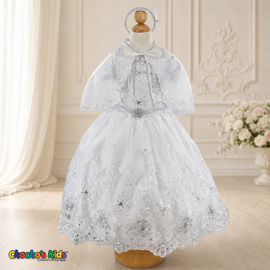 Girls white embroidered baptism dress with matching cape, front view