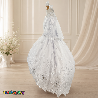 Girls white embroidered baptism dress with matching cape, side view