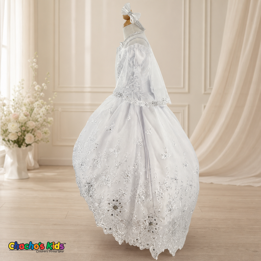 Girls white embroidered baptism dress with matching cape, side view