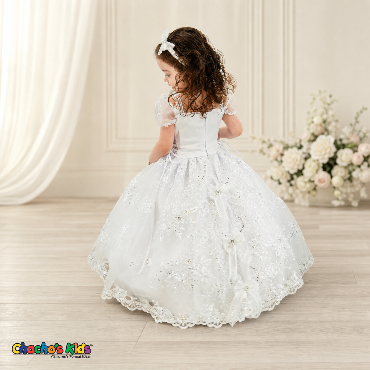 Girls white three-piece baptism dress with embroidered cape, back view