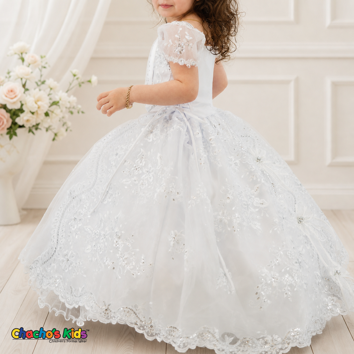 Girls white three-piece baptism dress with embroidered cape, side view