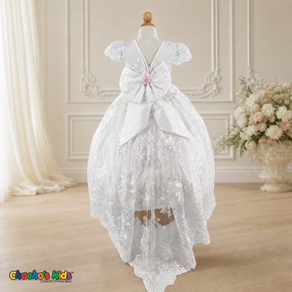 Girls white Virgin Mary baptism dress with floral sash, back view