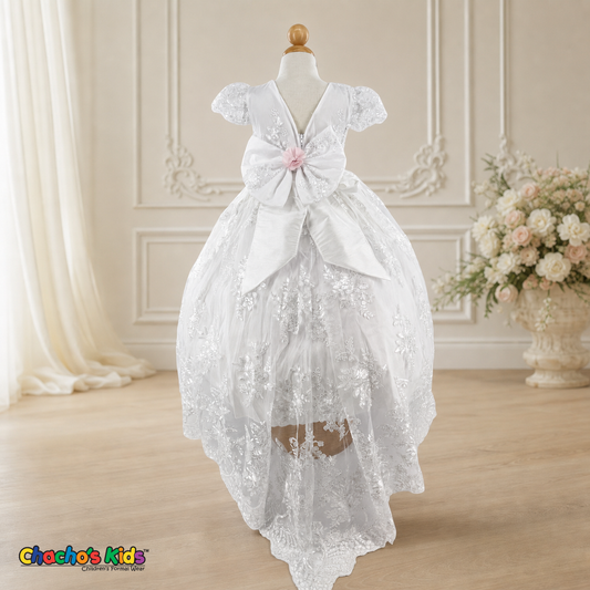 Girls white Virgin Mary baptism dress with floral sash, back view
