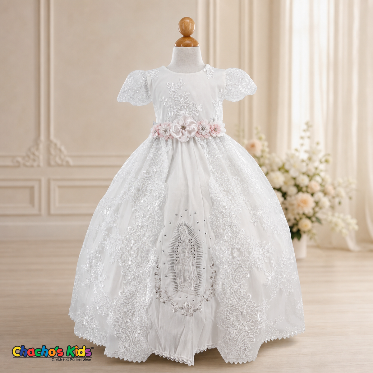 Girls white Virgin Mary baptism dress with floral sash, front view