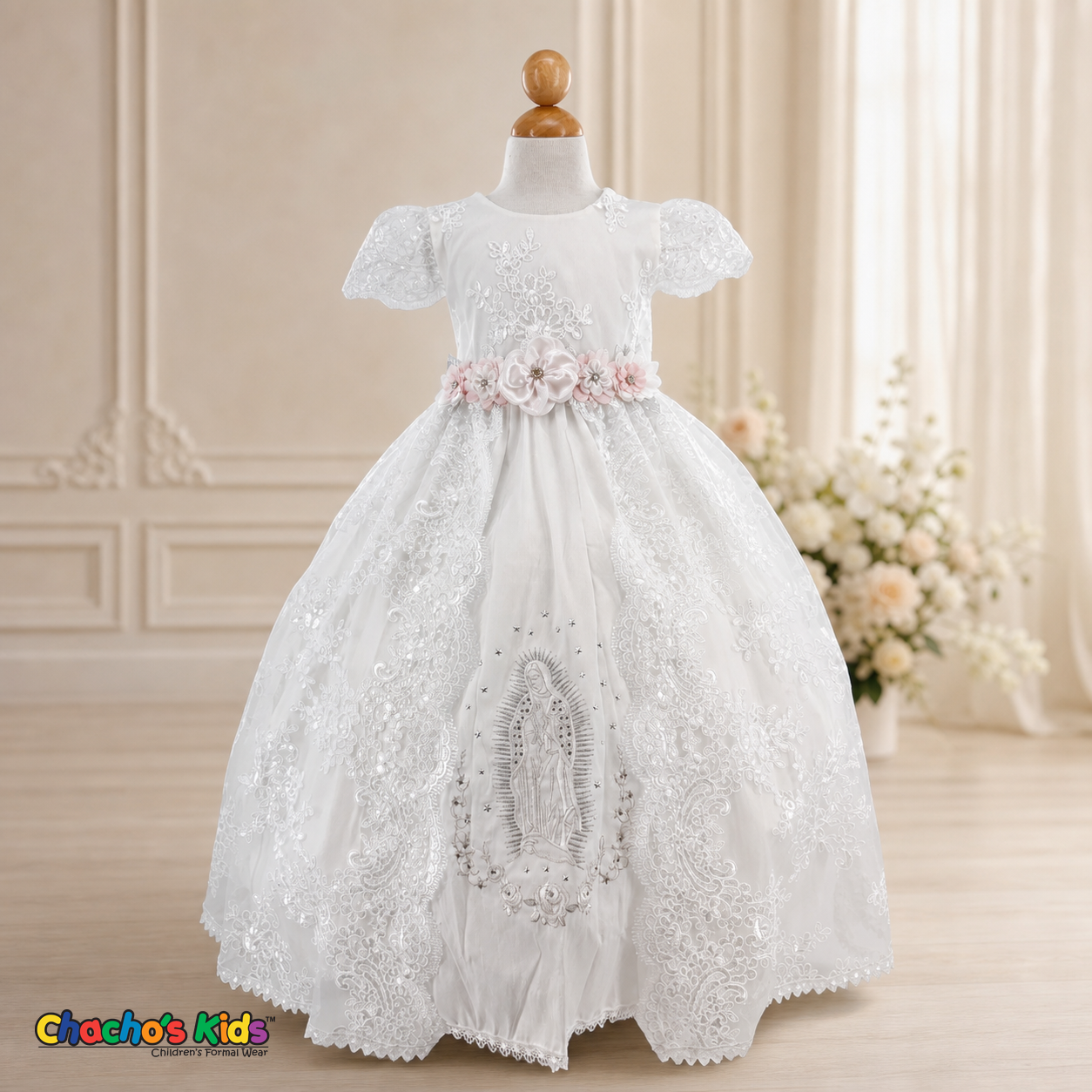 Girls white Virgin Mary baptism dress with floral sash, front view