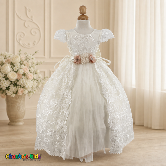 Girls white lace baptism ball gown with train, front view