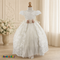 Girls white lace baptism ball gown with train, front view