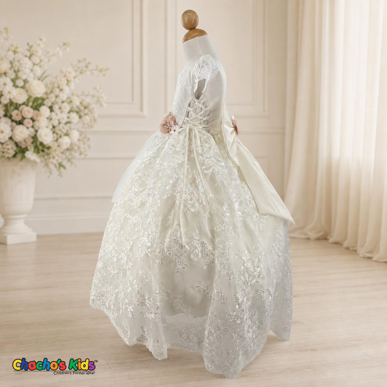 Girls white lace baptism ball gown with train, side view