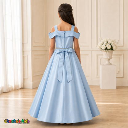 Baby Blue girls silk satin ball gown back view with satin sash, style 437