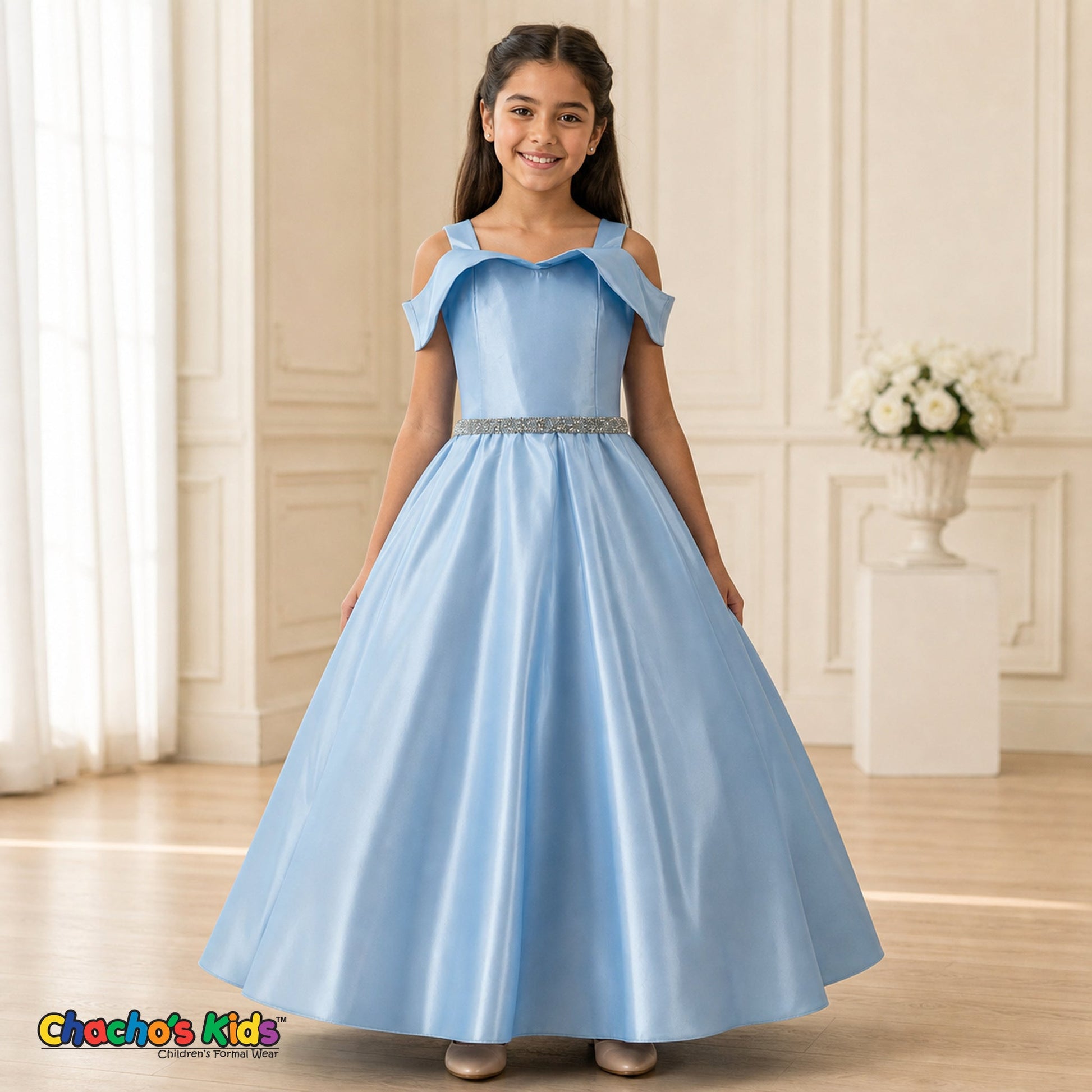 Baby Blue girls silk satin ball gown dress for weddings and formal occasions, style 437
