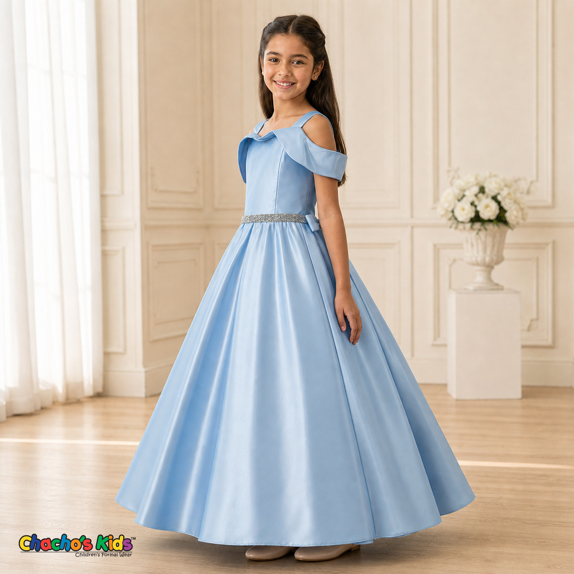 Baby Blue girls silk satin ball gown side view, style 437
