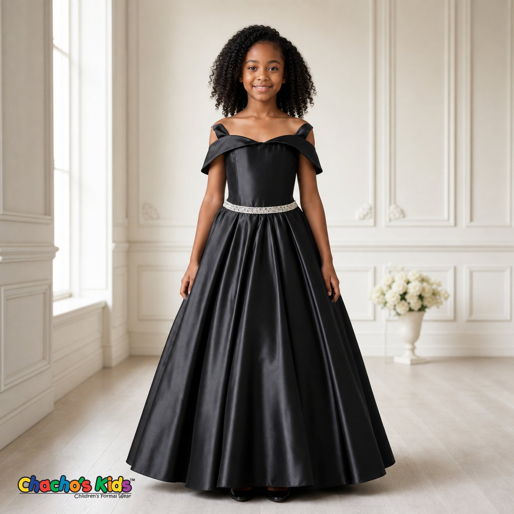Black girls silk satin ball gown dress for weddings and formal occasions, style 437