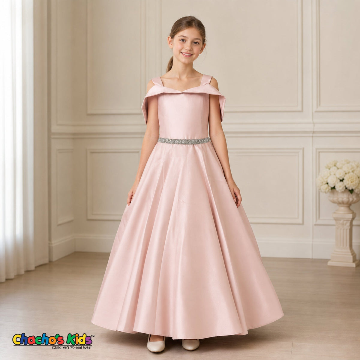 Blush girls silk satin ball gown dress for weddings and formal occasions, style 437