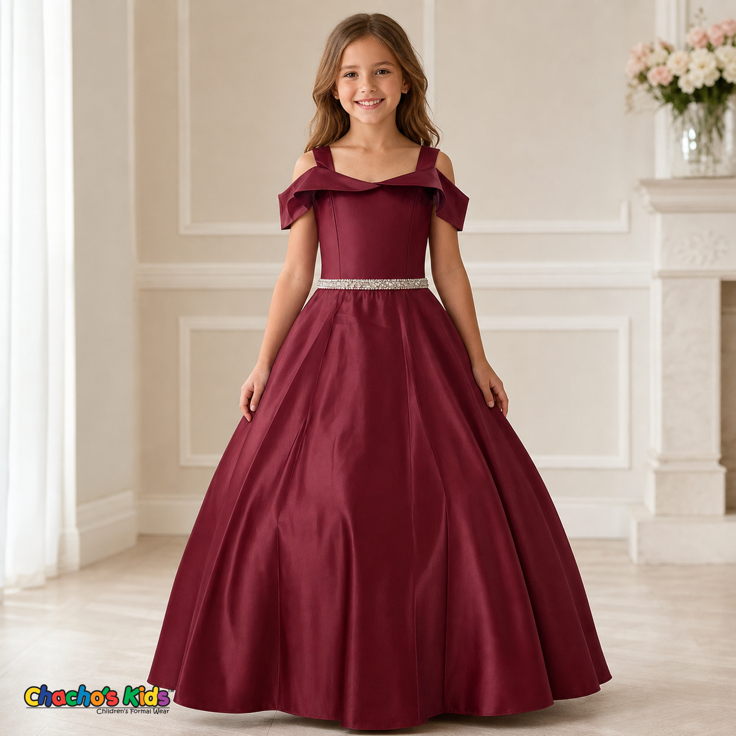 Burgundy girls silk satin ball gown with rhinestone waist, style 437