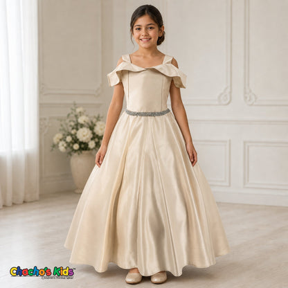 Champagne girls silk satin ball gown dress for weddings and formal occasions, style 437