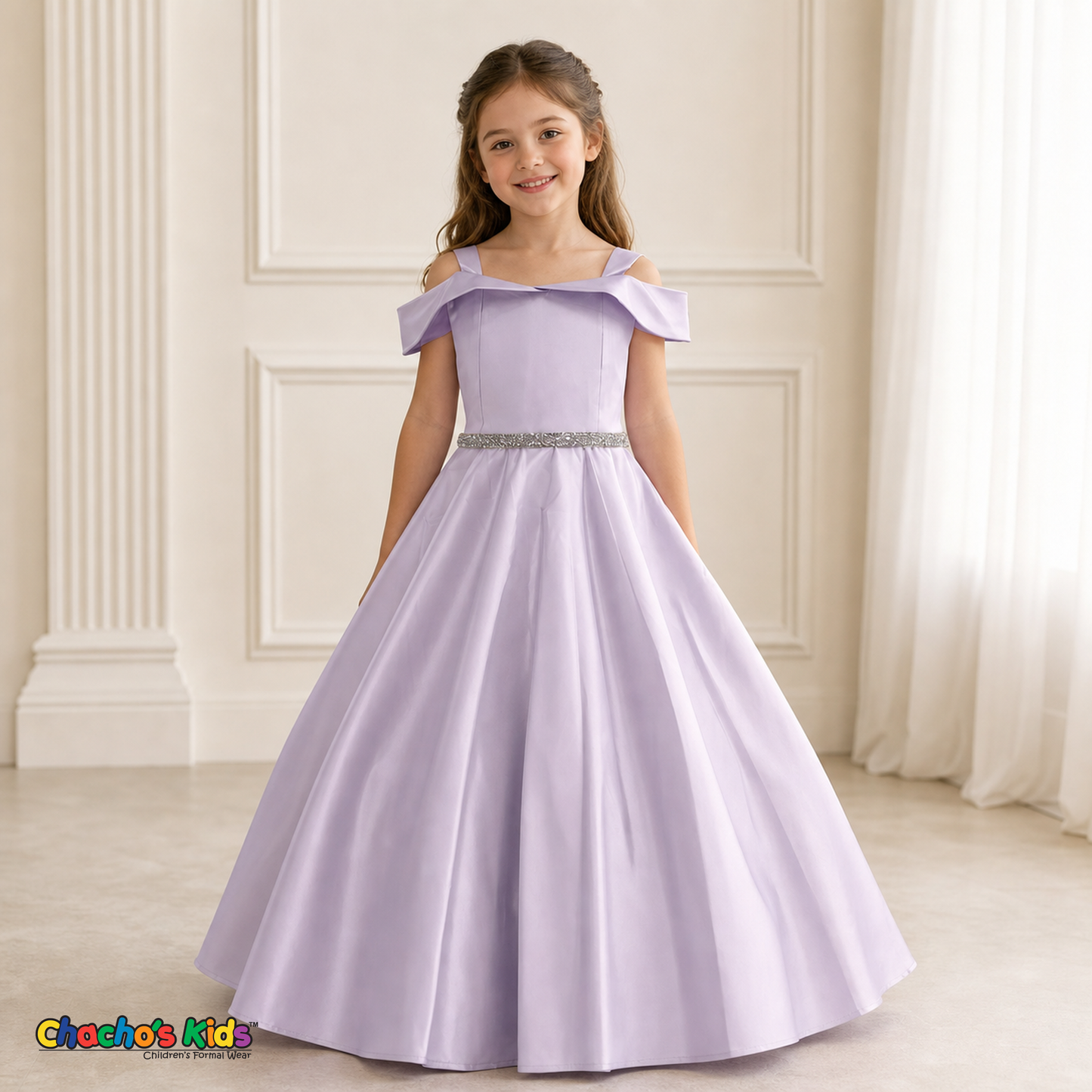 Lilac girls silk satin ball gown with rhinestone waist, style 437