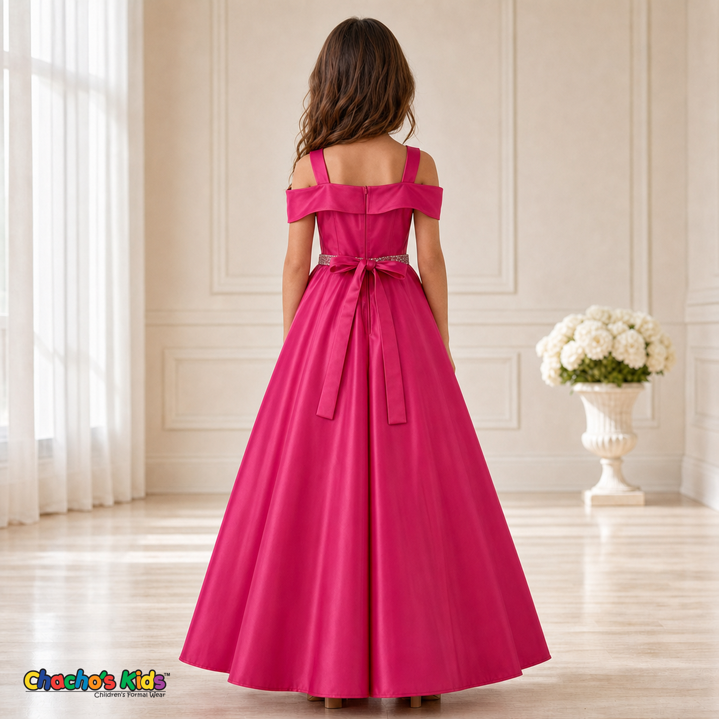 Magenta girls silk satin ball gown back view with satin sash, style 437