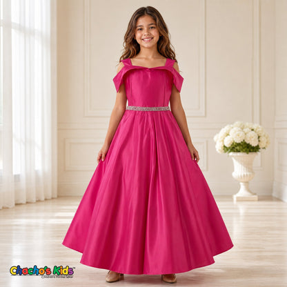 Magenta girls silk satin ball gown dress for weddings and formal occasions, style 437