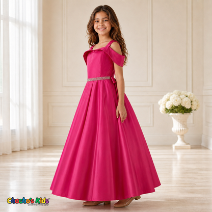 Magenta girls silk satin ball gown side view, style 437