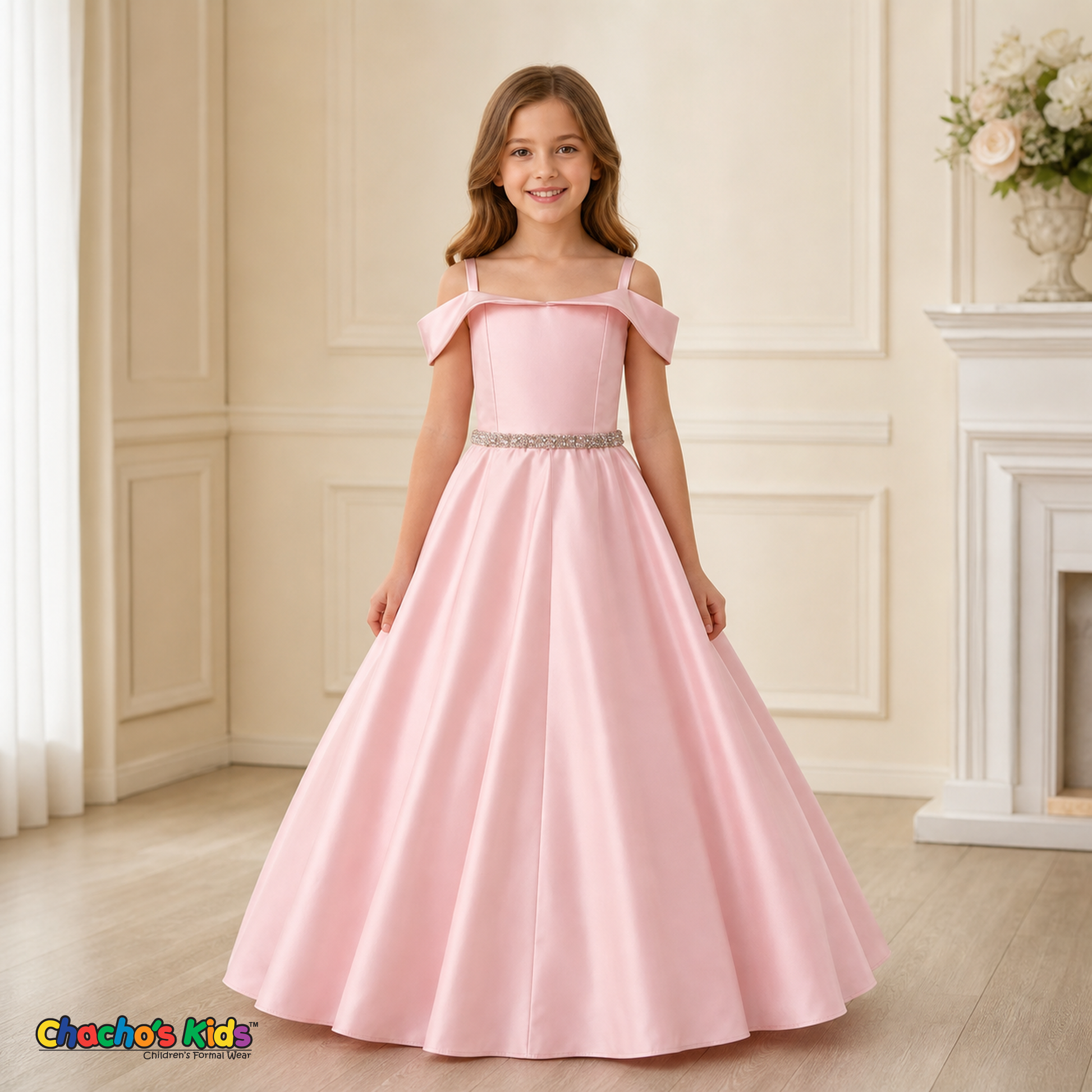 Pink girls silk satin ball gown with rhinestone waist, style 437