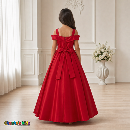 Red girls silk satin ball gown back view with satin sash, style 437