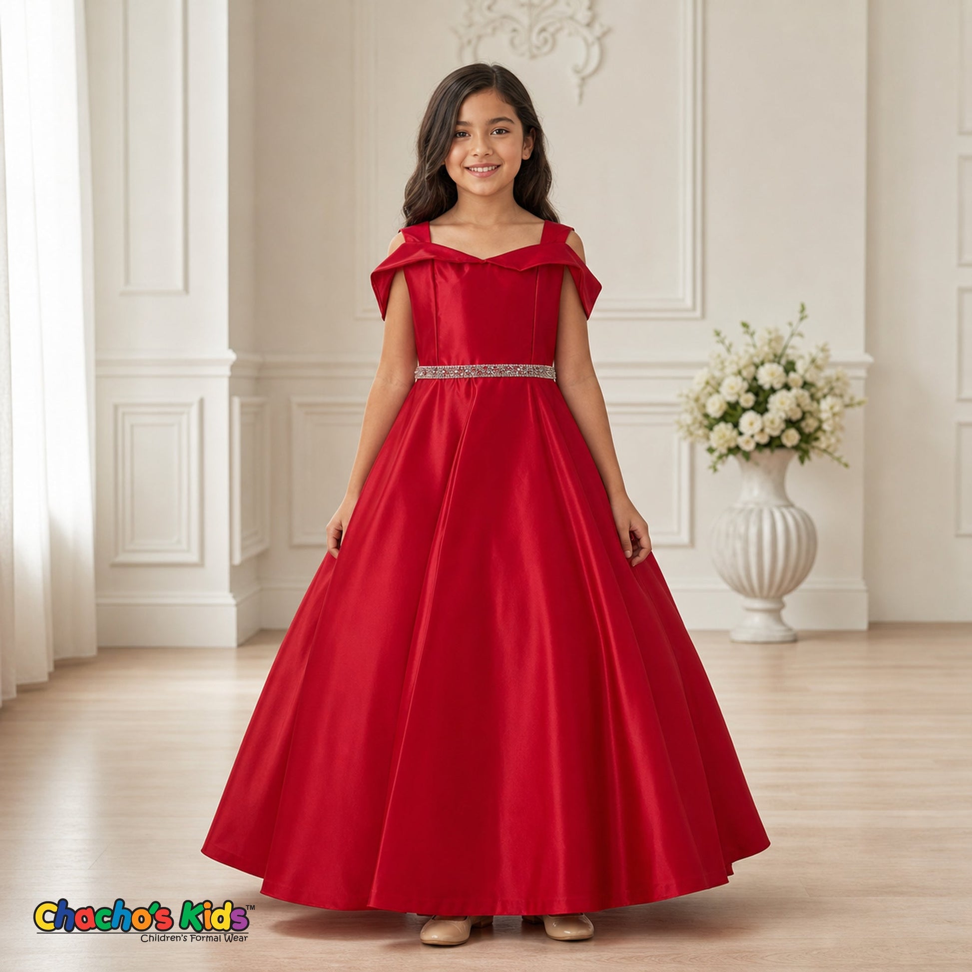 Red girls silk satin ball gown dress for weddings and formal occasions, style 437