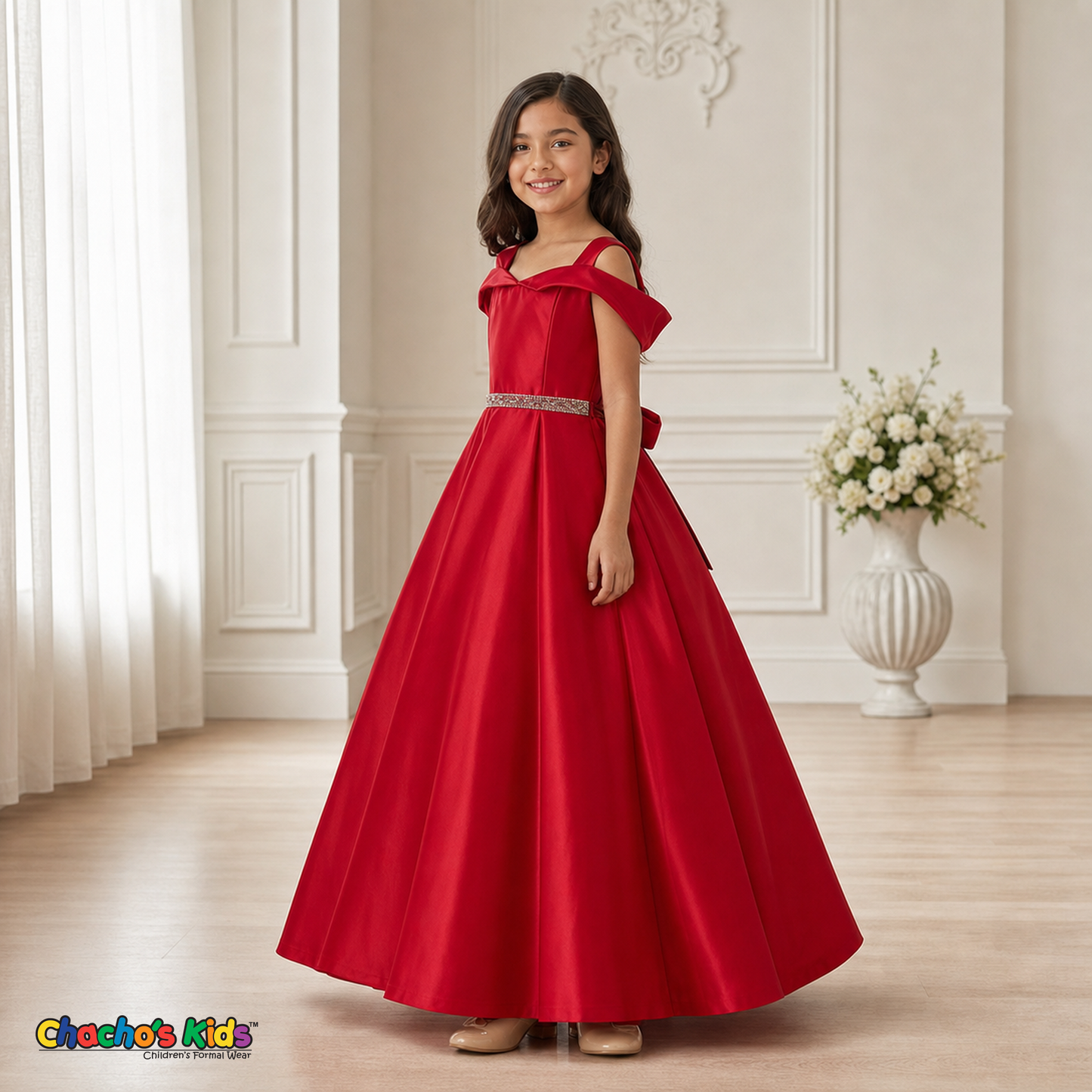 Red girls silk satin ball gown side view, style 437