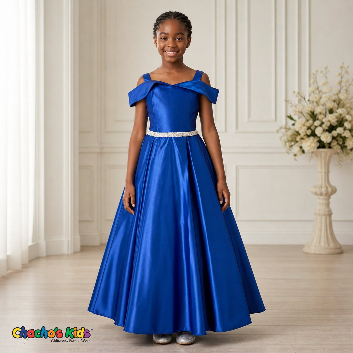 Royal Blue girls silk satin ball gown dress for weddings and formal occasions, style 437