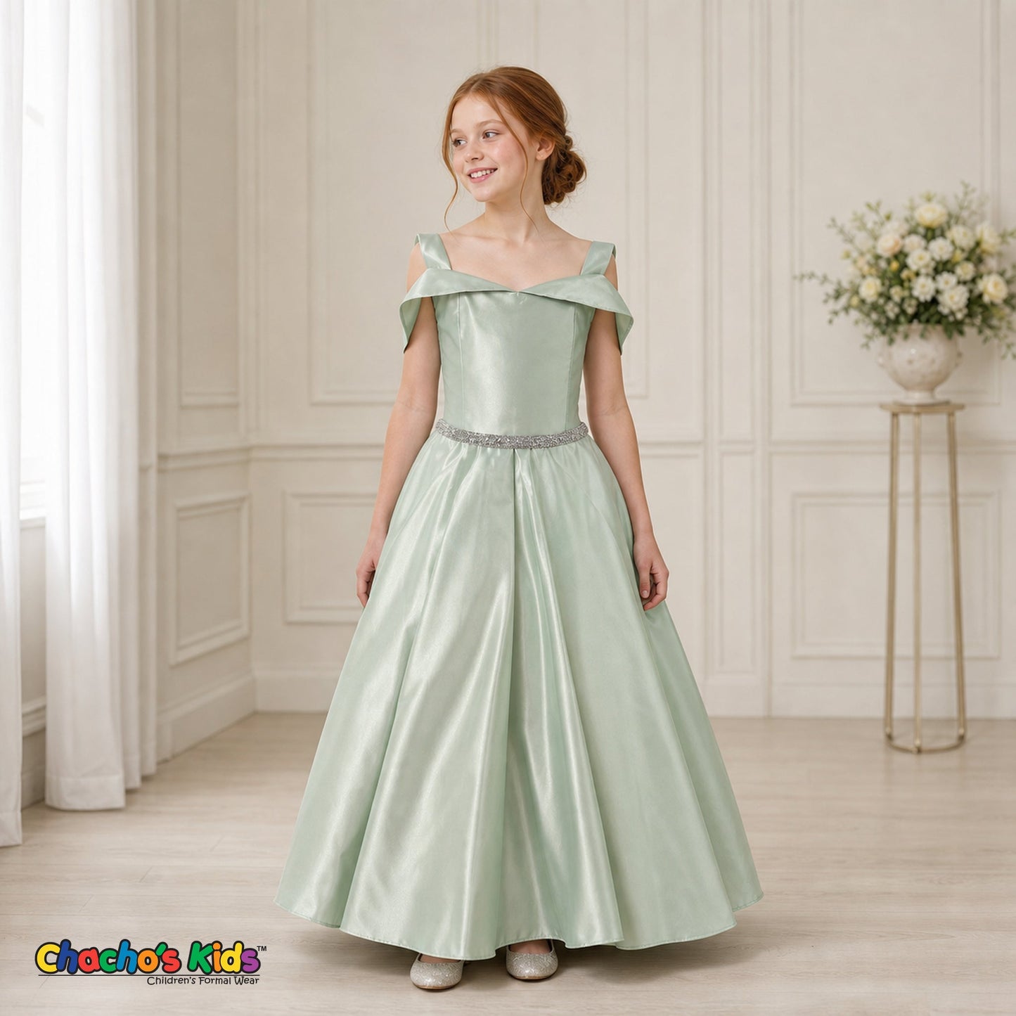 Sage Green girls silk satin ball gown dress for weddings and formal occasions, style 437
